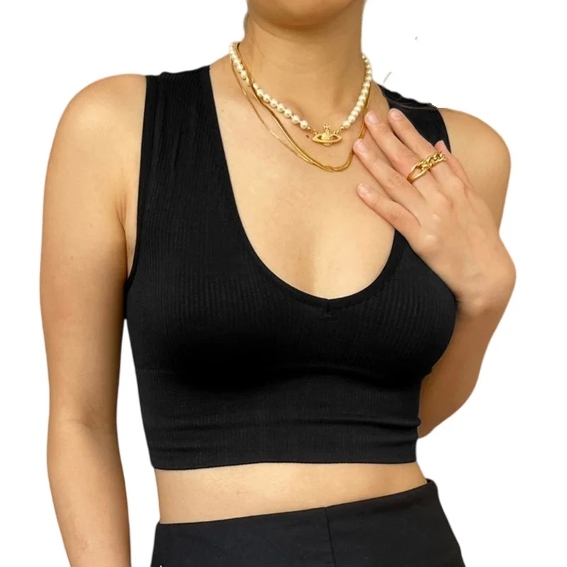 Women Crop Top Underwear Deep-V Sexy Lingerie Vintage Seamless Top Ribbed Bralette Female Vest Camis Fashion Crop Top Camisole
