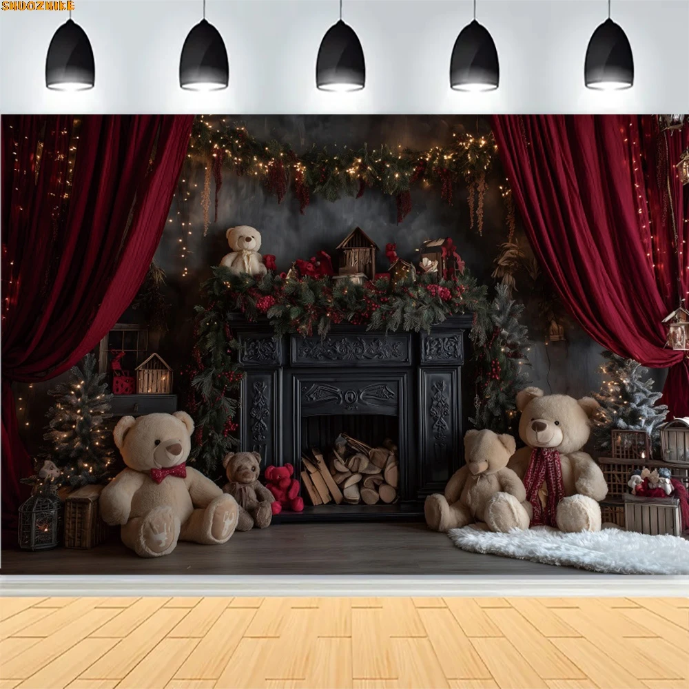 

Christmas Day Wreath Family New Year Party Photography Backdrops Prop Window Living Room Xmas Tree Gift Snow Background TJ-04