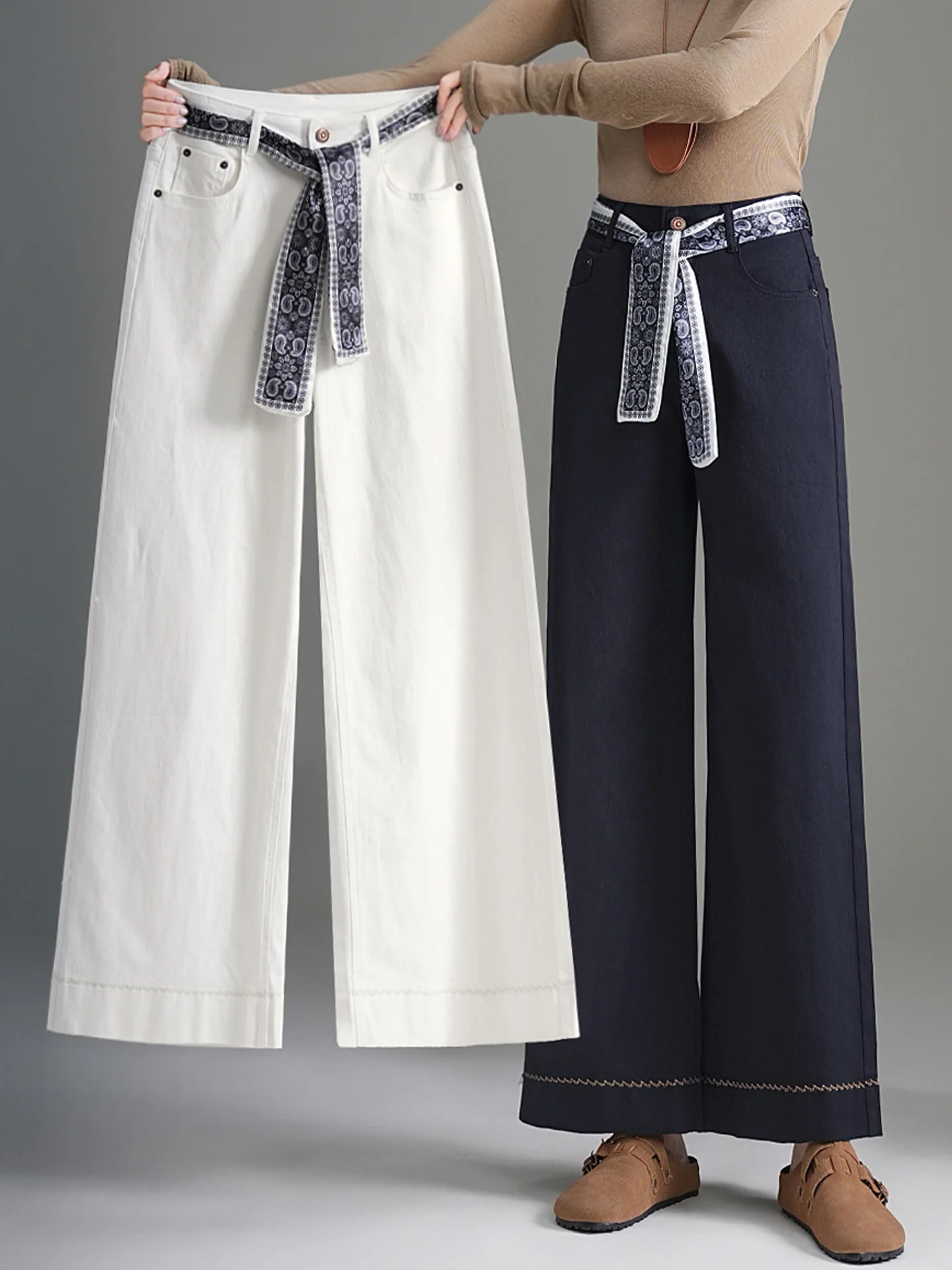 

High Waist Wide Leg Denim Jeans Women's Casual Straight Cut Pants Lenzing Lyocell Fabric Spring Autumn New Style Belted