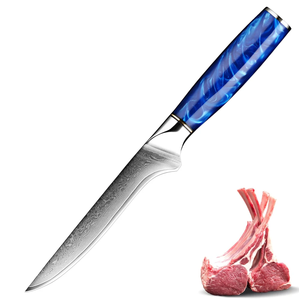 Damascus Steel 6 Inch Boning Knife Sharp Pro Curved Fillet  Blade Kitchen Chef Knives for Fish Poultry Meat Blue Resin Handle