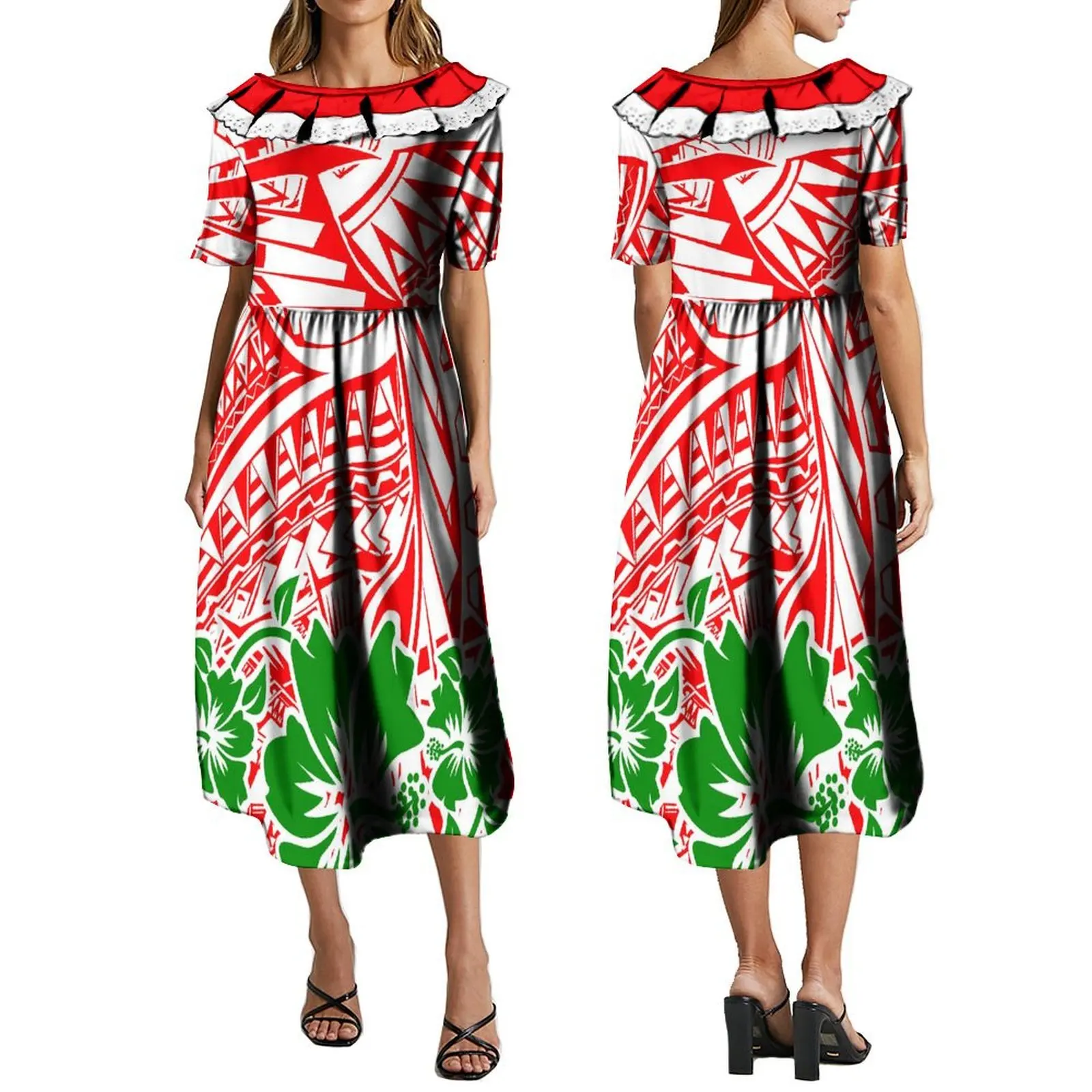 

New Arrival Turtle Polynesian Tribal Design Lace Trim Layered Ruffle Hawaiian Dress Custom Short Sleeve Casual Dresses Women