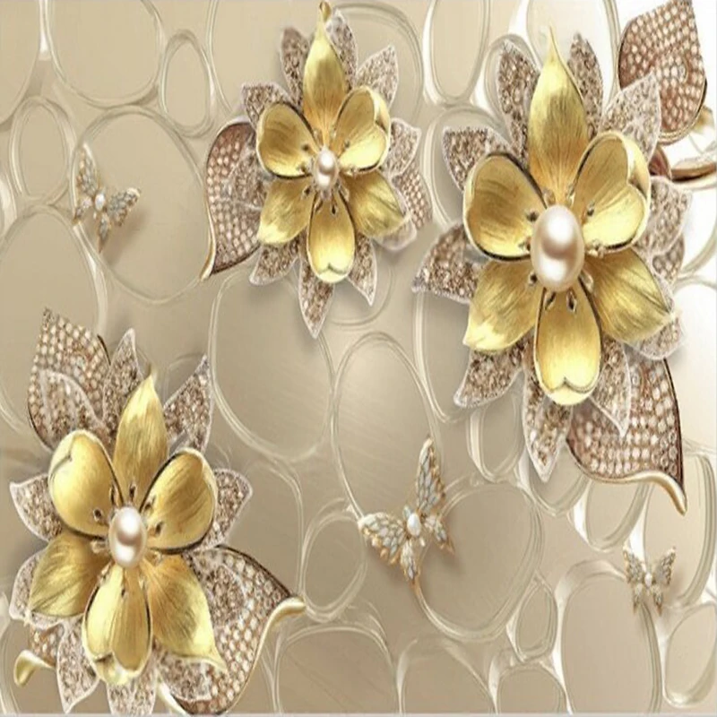 Custom Luxurious and grand golden jewelry pearl flower stamens flower butterflies TV luxurious home decoration background wall