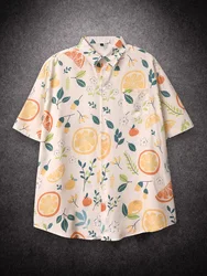 Oversized Loose Short Sleeve Shirt Men Orange Fruit Print Hiphop Casual Shirts for Summer Beach Hawaiian Clothing