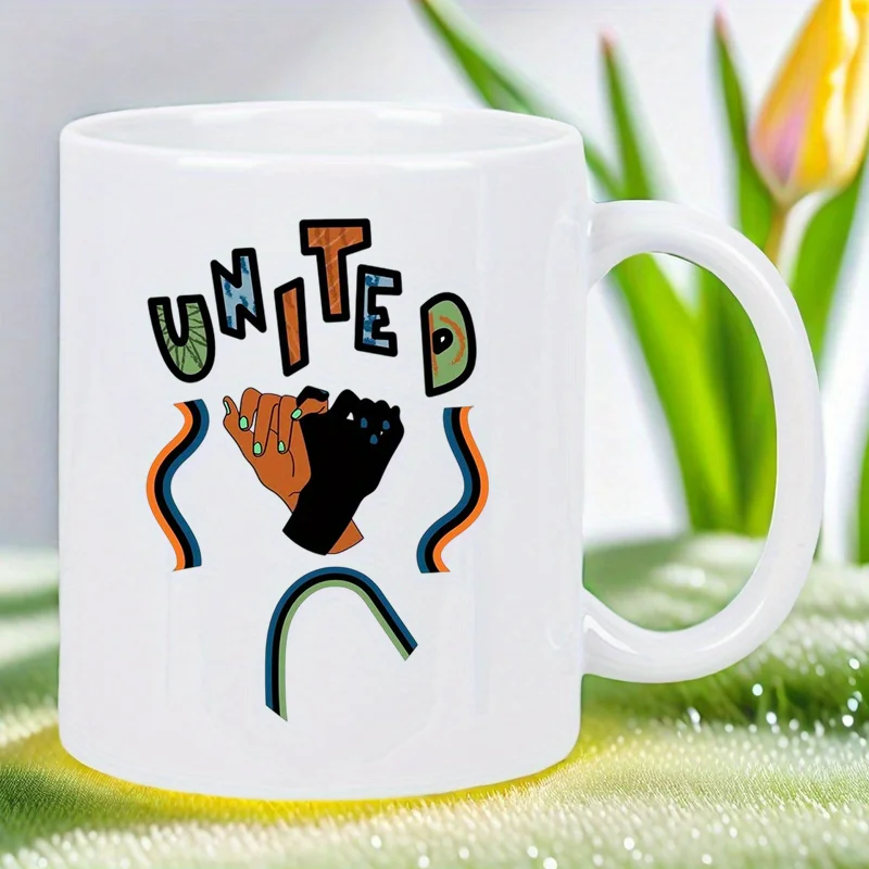 [Cadeau inspirant] Tasse à café en céramique United Hands - Conception de l'unité inspirante avec poing surélevé et arc-en-ciel, blanc, lavage des mains O