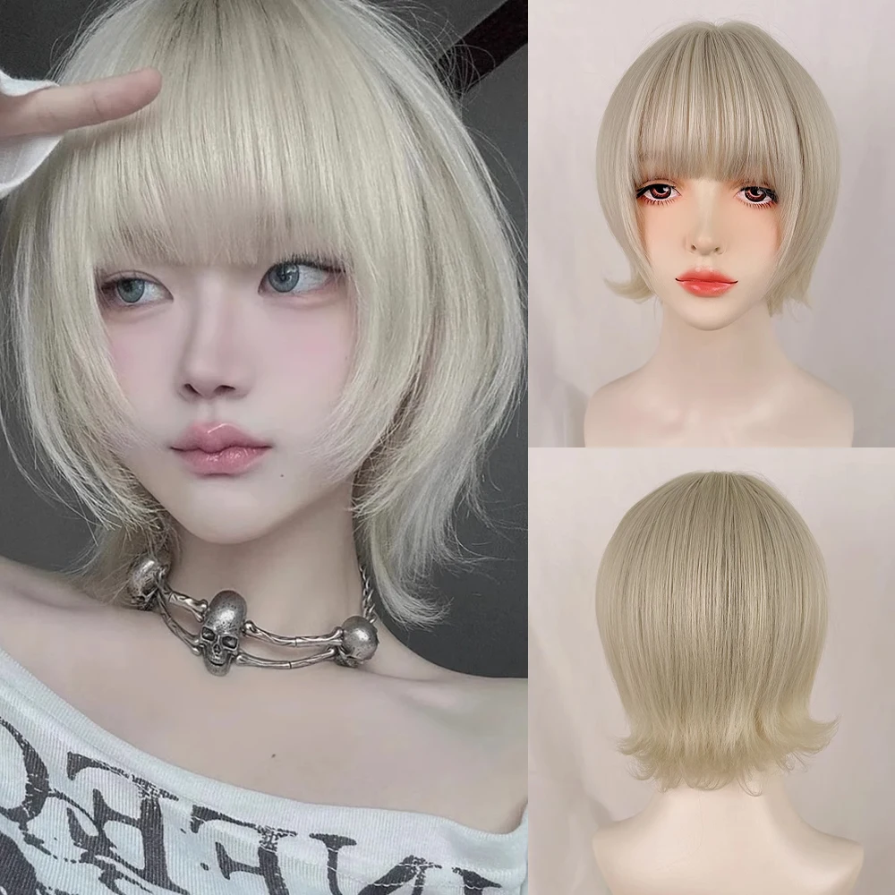 Short Blonde Straight Synthetic Wig with Bangs Fluffy Lolita Cosplay Wig Heat Resistant for Daily Party