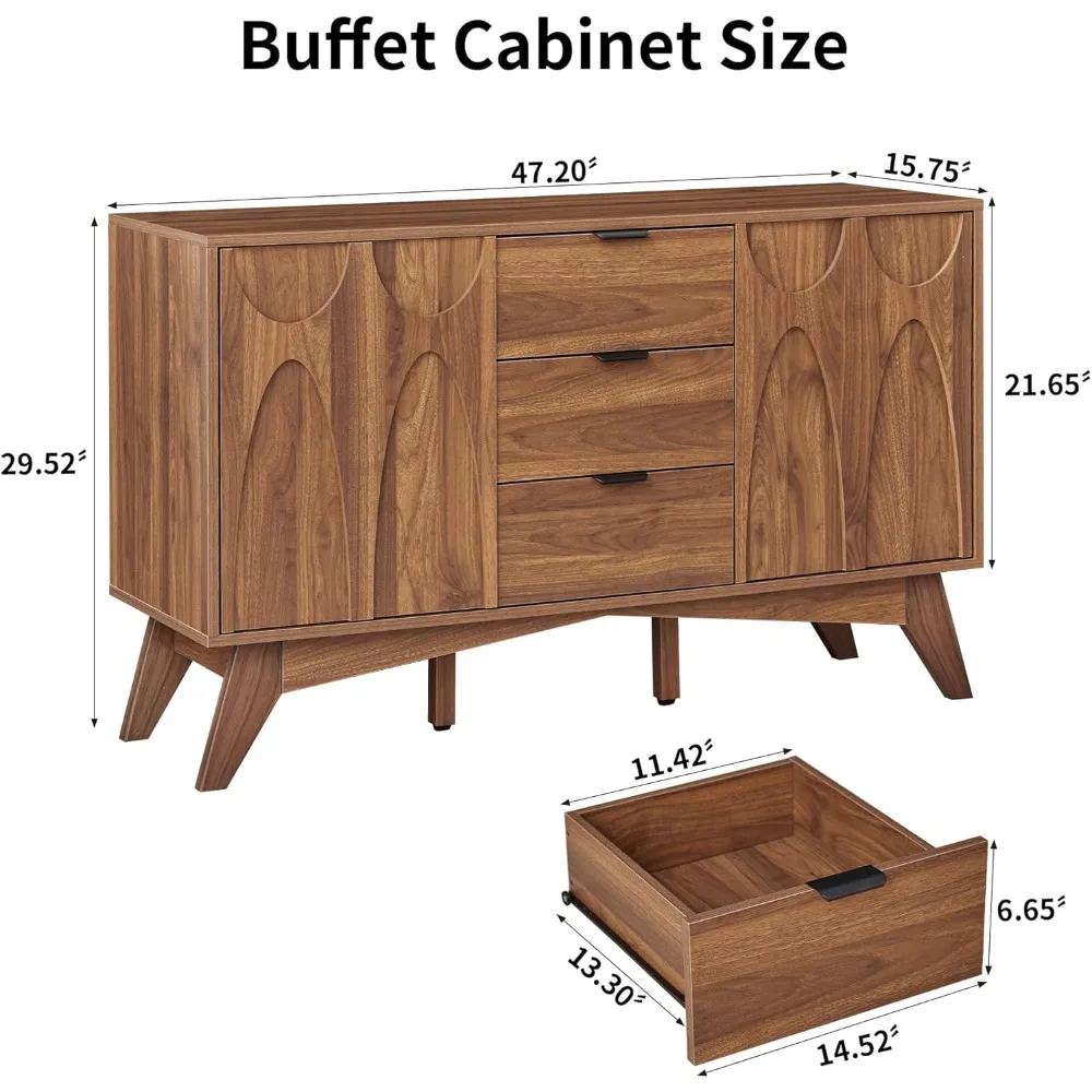 Gabinete buffet con almacenamiento, gabinete de almacenamiento 47,2 con 3 cajones, aparador grande con 2 puertas, cabina de cafetería moderna de mediados de siglo