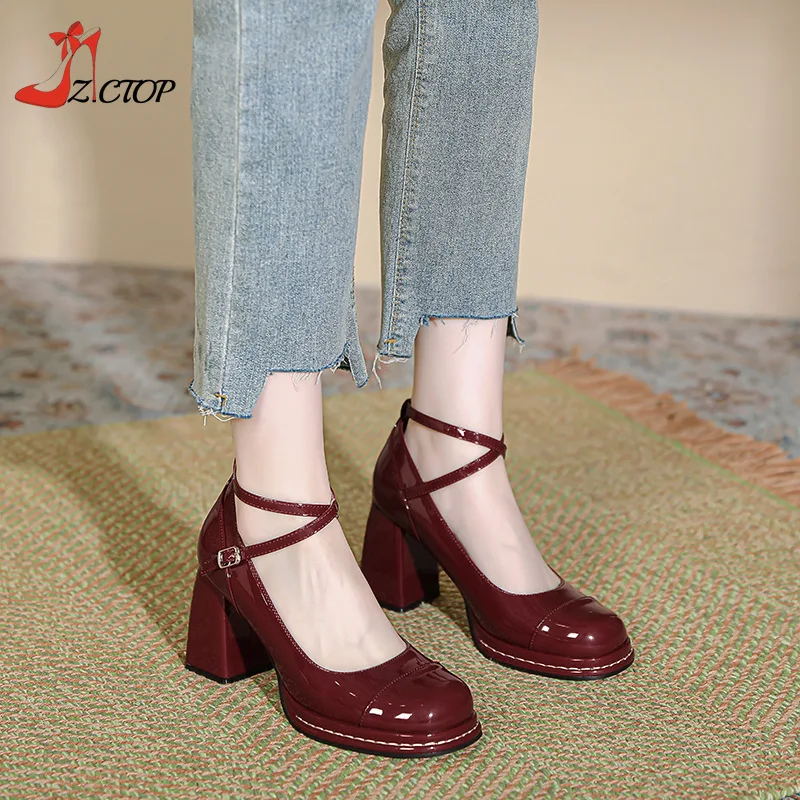 

Red High Heels Vintage Mary Jane Shoes Patent Leather Cross Buckle Women Pumps Thick Heel Dress Party Ladies Shoes Spring