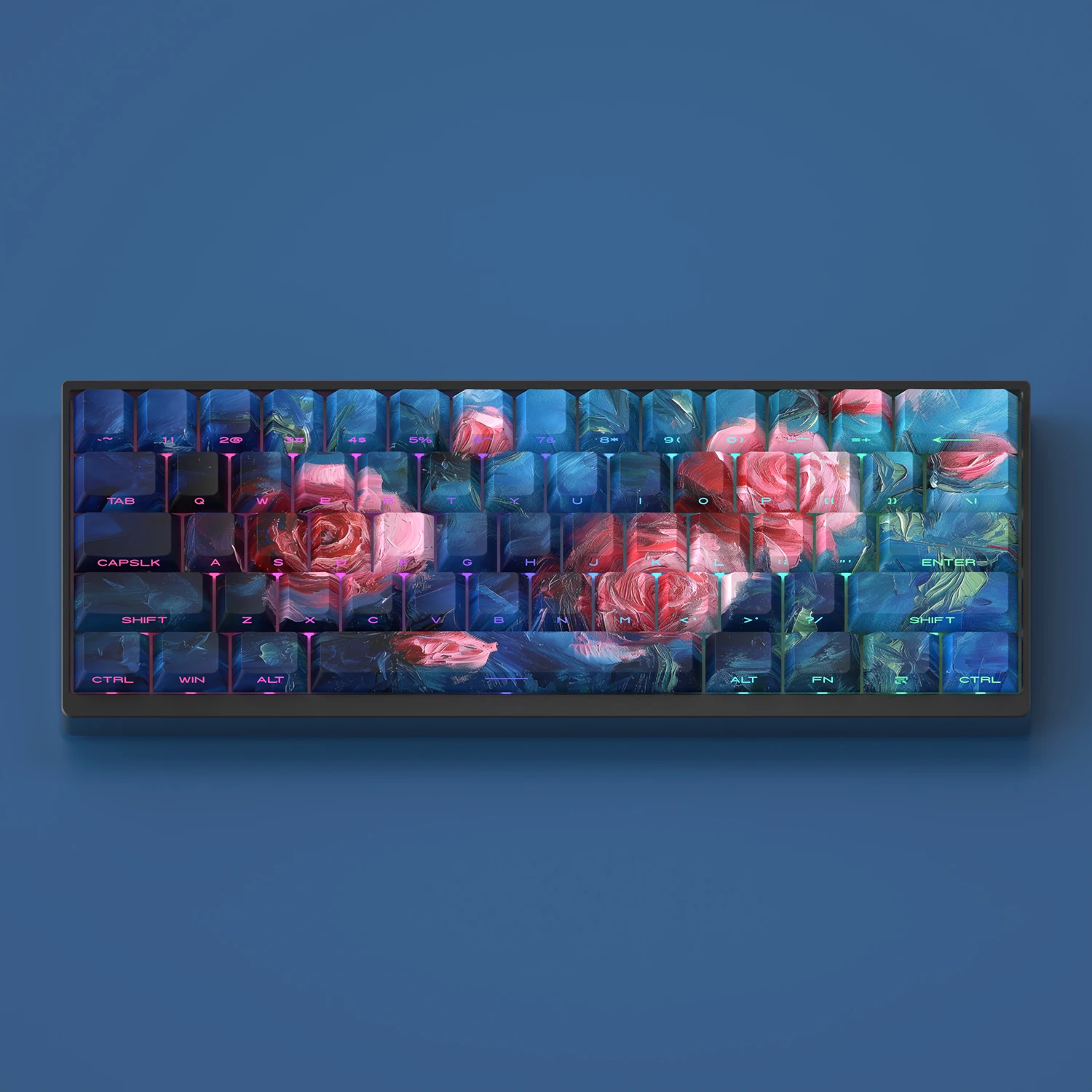 Imagem -02 - Lado Gravado Translúcido Cereja Pbt Keycap Rosa de Óleo Flor Rosa Azul Estilo de Pintura Ajuste para Atk68 Cortejar