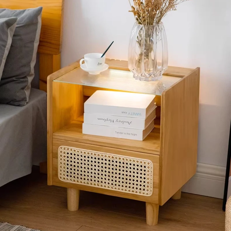 

Modern Nightstand Solid Wood Rattan Bedside Table Minimalist Bedroom Storage Cabinet Elegant Compact Living Room Side Tables