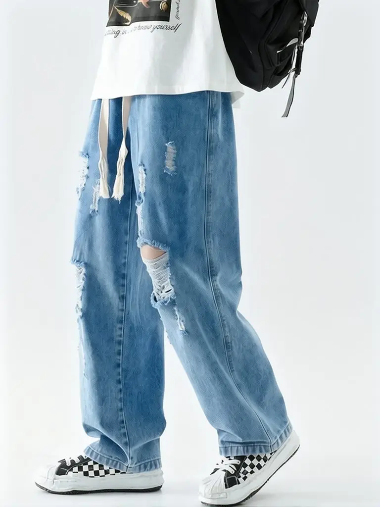 Streetwear Ripped Hole Baggy Jerans Men Loose Straight Pants Elastic Waist Denim Pants Light Blue Summer Jeans Trousers Casual