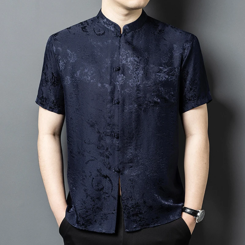 Pocket Frog Silk Shirts For Men Short Sleeved Jacquard Coolness Summer Quality Smooth Comfortable Anti-Wrinkle Camisas De Hombre