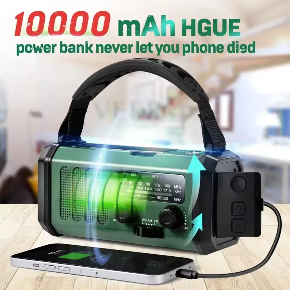 10000mAh Solar-Notfall-Wetterradio AM/FM/NOAA Tragbares Kurbelbetriebenes Notfallradio mit LED-Taschenlampe SOS-Alarm Powerbank für Outdoor-Aktivitäten – Detail 5