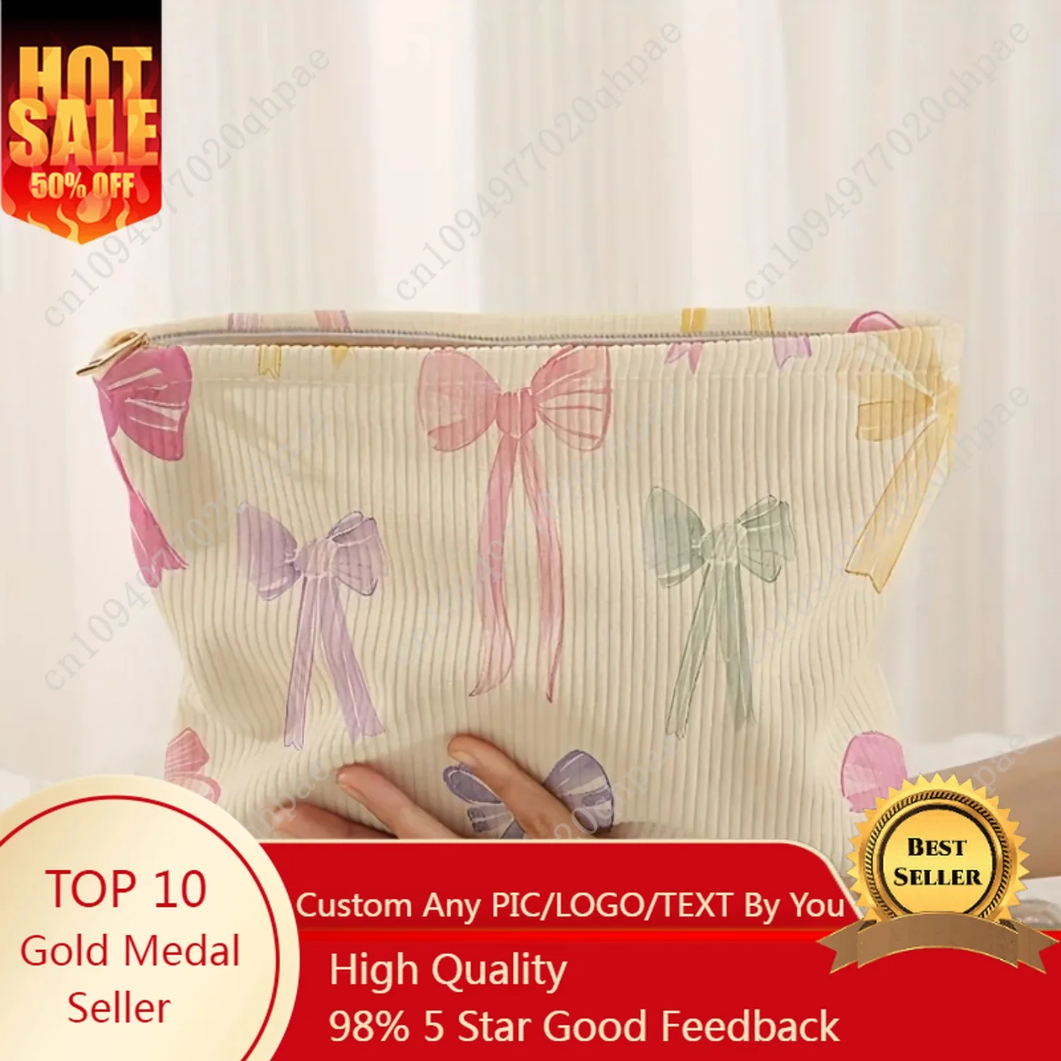 

Minimally designed bow pattern printed corduroy zipper makeup bag, lightweight and multifunctional cosmetic storage bag