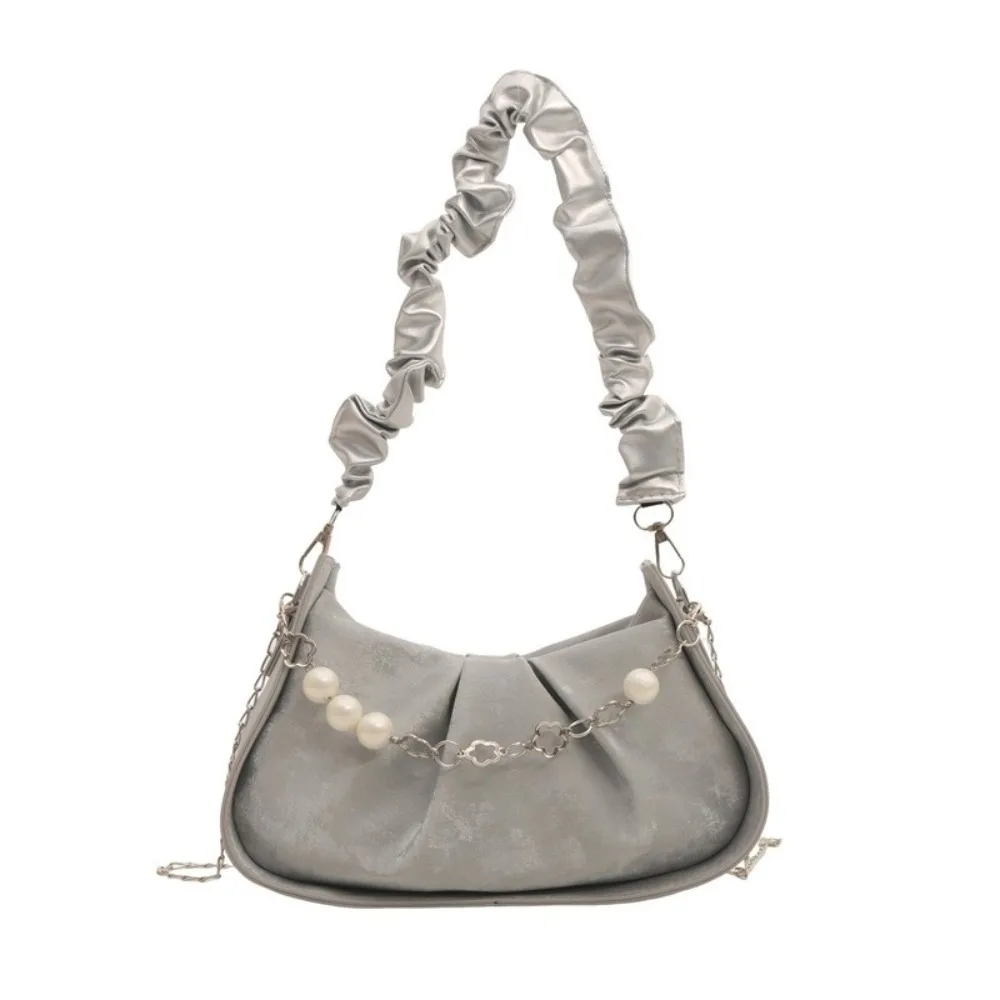 

Solid Color Cloud Shoulder Bag Korean Style PU Leather Pearl Chain Crossbody Bag Single Shoulder Chain Pleated Handbag Outdoor
