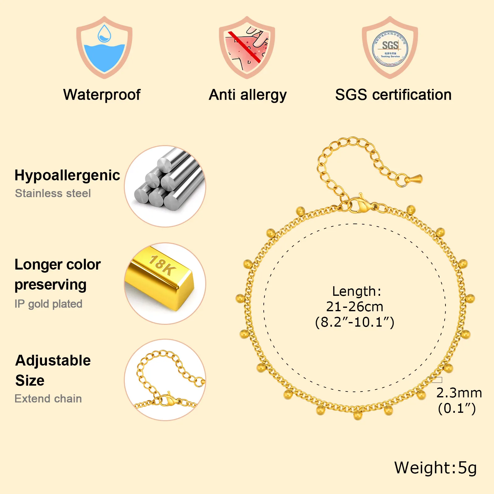 سوار خلخال على أرجل من الفولاذ المقاوم للصدأ، مقاوم للماء وقابل للتعديل على الشاطئ، كرة مطرزة كوبية، مجوهرات صيفية للقدم بوهو للنساء #2