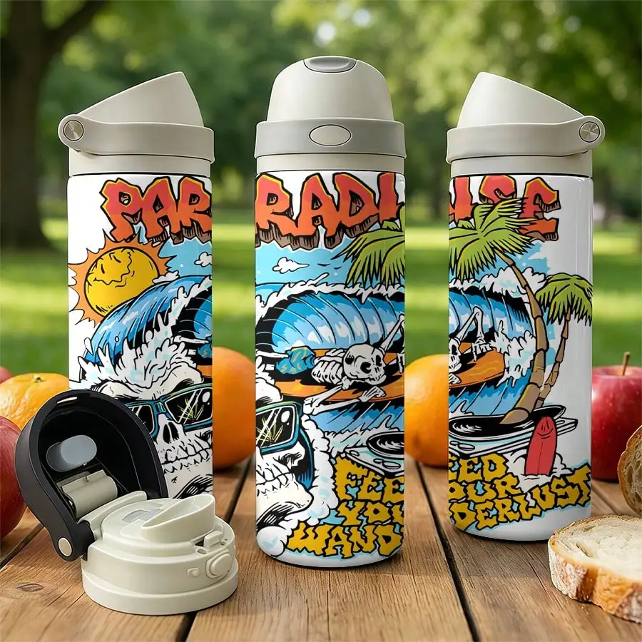 

24oz Stainless Steel Tumbler With Dual-Drink Openings/Thermal Cup, Sports Water Bottle, Surfing Skeleton Beach Theme Wrap For Adventurous Travelers And Surfers, Summer Vacation Graphic Featuring Tropical Palm Trees And Sunglasses Skull.