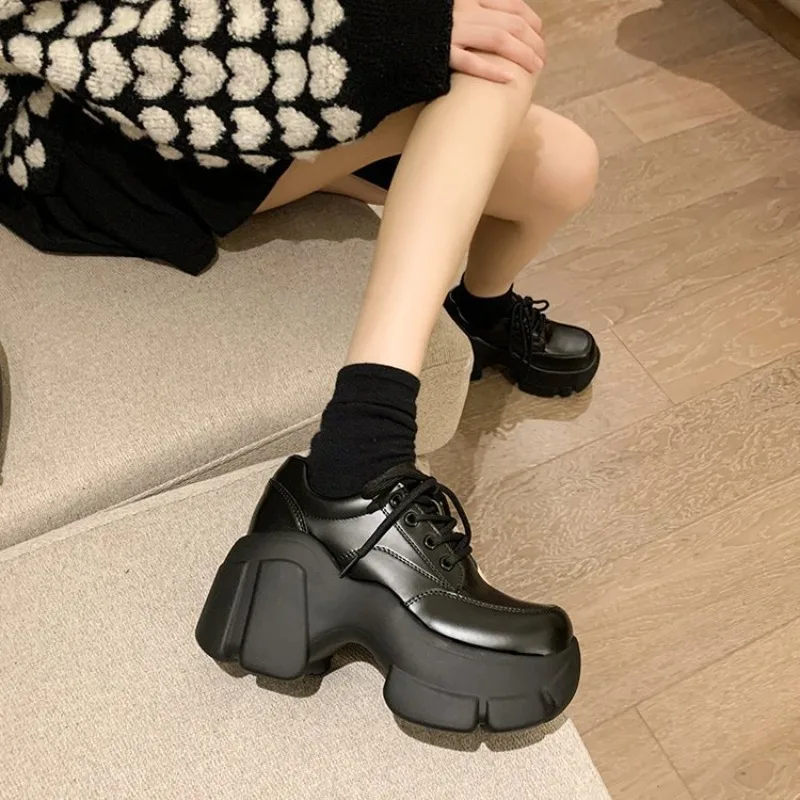 Platform Wedge Sneakers Chunky Shoes PU Leather Women Black Shoes 2023 Spring Autumn Walking Sneakers Fashion Women Tennis Shoes