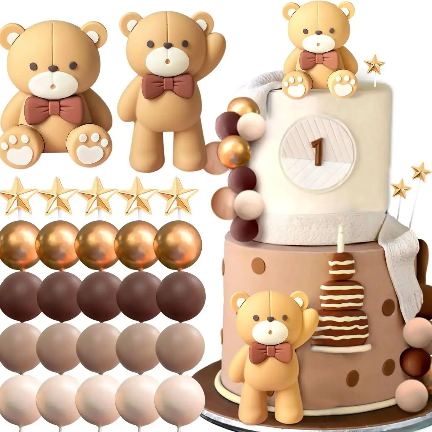 Beige Brauner Bär Kuchendekoration Beige Braune Kugeln Kuchenaufsatz Boho Bären Kuchenaufsatz Baby Shower Geburtstagstorten-Deko – Detail 15