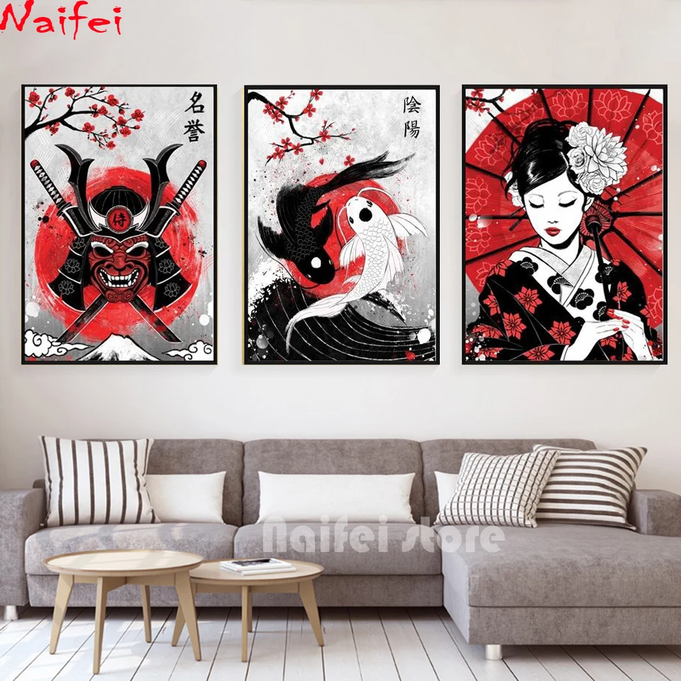 Japan Ruby Geisha Koi Fish Panda Samurai Sushi Cat Diamond Painting Square Round Diamond Embroidery Mosaic Home Decoration