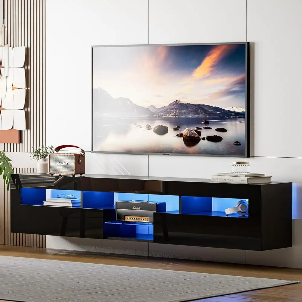 

85 Inch Floating TV Stand with Glass Shelves and Cabinet, 71 Inch Wall-Mounted Entertainment Center with Storage, Black