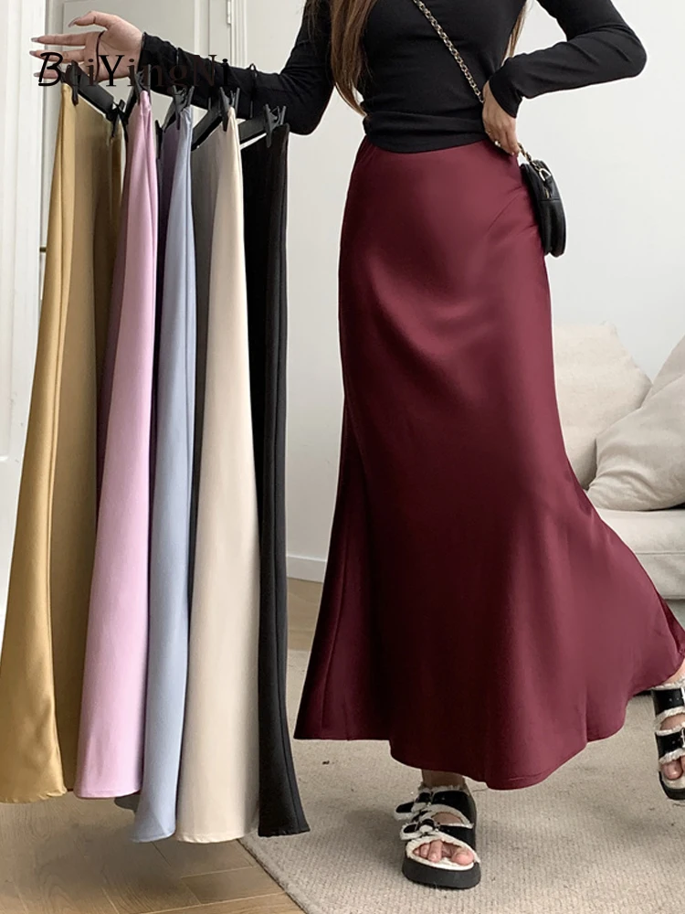 Beiyingni Elegant Satin Mermaid Skirt Women Korean Slim Fit High Waist Midi Long Faldas Luxury French 2024 Black Skirts Ladies