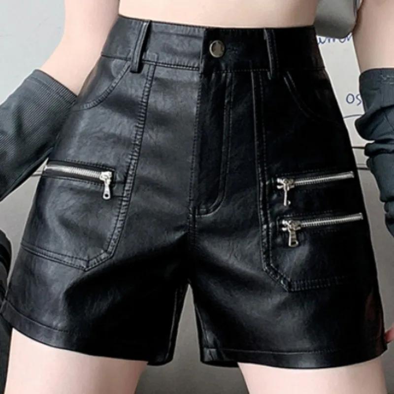 

ZXRYXGS 2024 Autumn PU Leather Shorts Women's Zipper Decoration Slimming Style Trendy Shorts