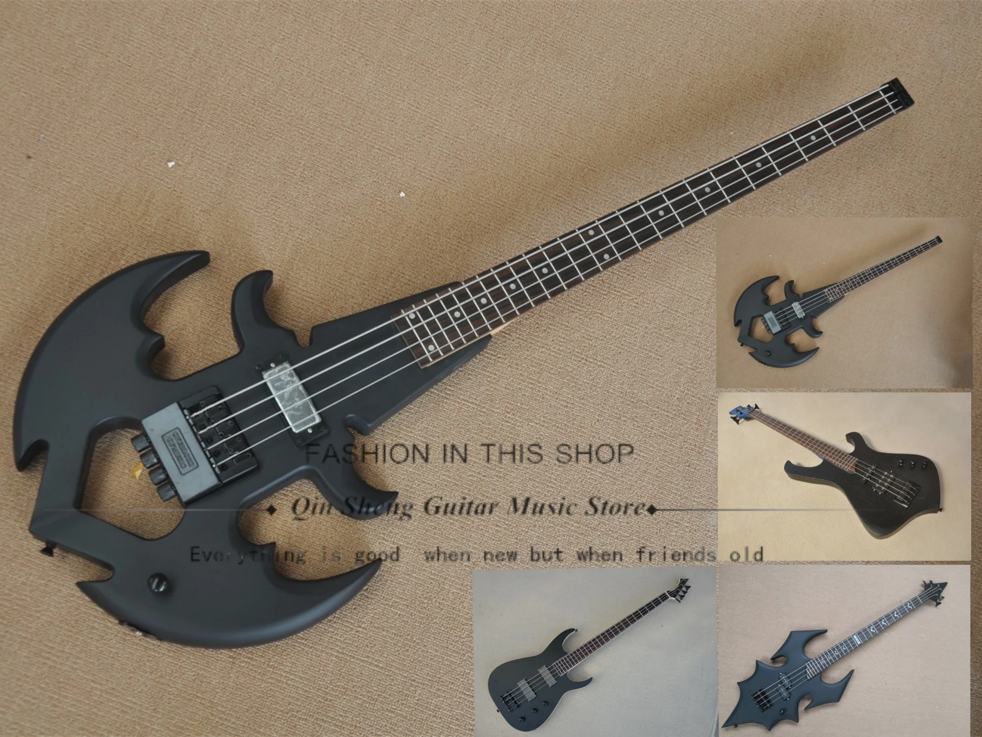 

Matte Black Bass 4 string electric Headless bass Boat anchor body maple neck H pickup factory custom