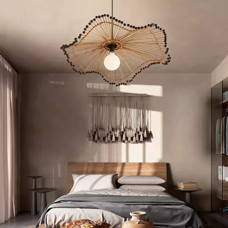 Japanese Style Wabi Sabi Handmade Rattan shade Chandelier,lustre Living Room Restaurant Kitchen,Home Decorative Interior Lamp