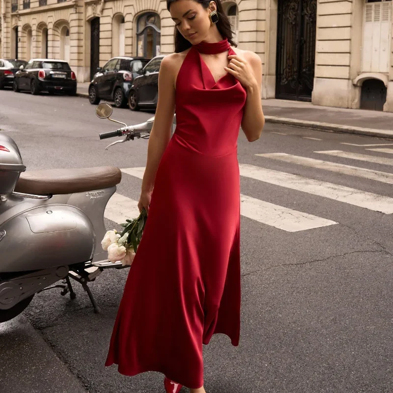 エレガントなサテンパールレースアップマキシドレス、バックレススリムフィットパーティーロングローブ、シックなハイカラー、ホローアウトベスト、2025年レディースドレス