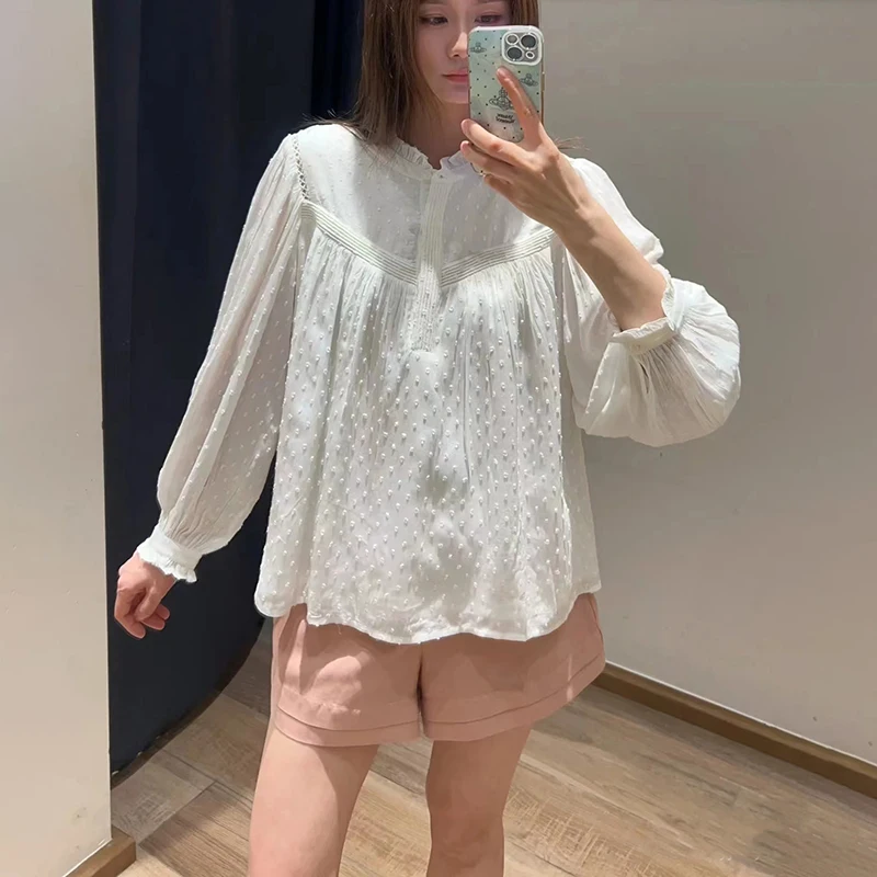 Summer 2025 Women's Yellow White Long Sleeve V-Neck Loose Lightweight Draped Sun Protection Shirt Casual Fashion Ladies' Blouse