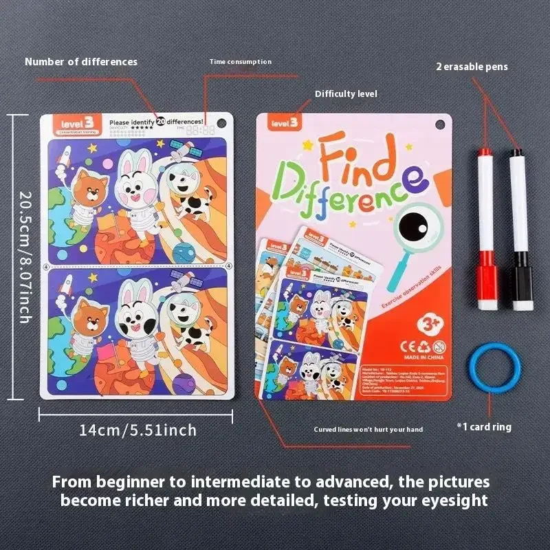 1 Set löschbares und wiederbeschreibbares Fokus- und Beobachtungstraining, Gehirnentwicklungsspielzeug für Kinder, Finden Sie den Unterschied, Puzzlespiel