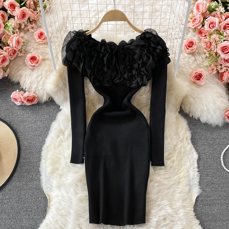 Chic Slash Neck Off Shouler Bodycon Knit Dress Long Sleeve Women Elegant Korean Fashion Vestidos Summer Hip Wrap Dress