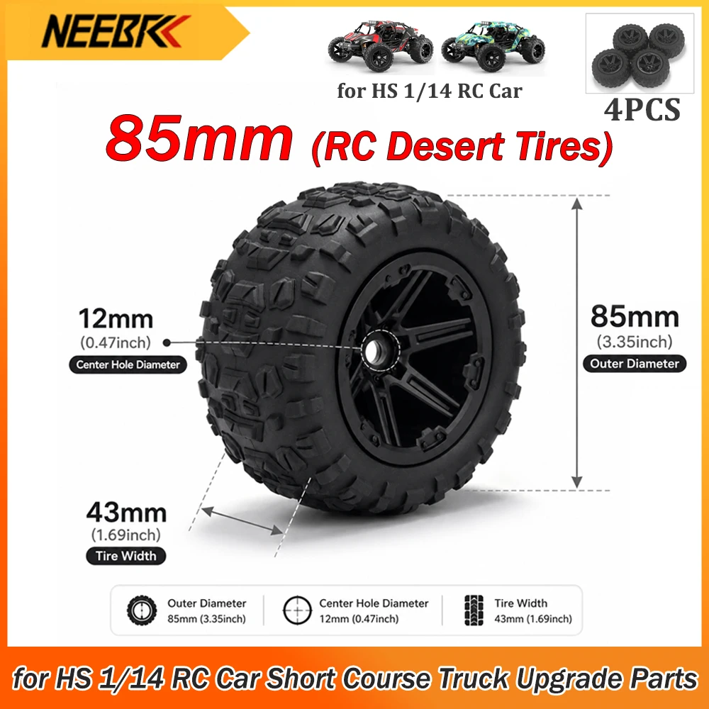 

4PCS 85mm 12mm Hex RC Tires 85x43mm Hub Wheels Tyre Skidproof Wear-resistant for HS 1/14 RC Car Desert Short Course Truck Parts