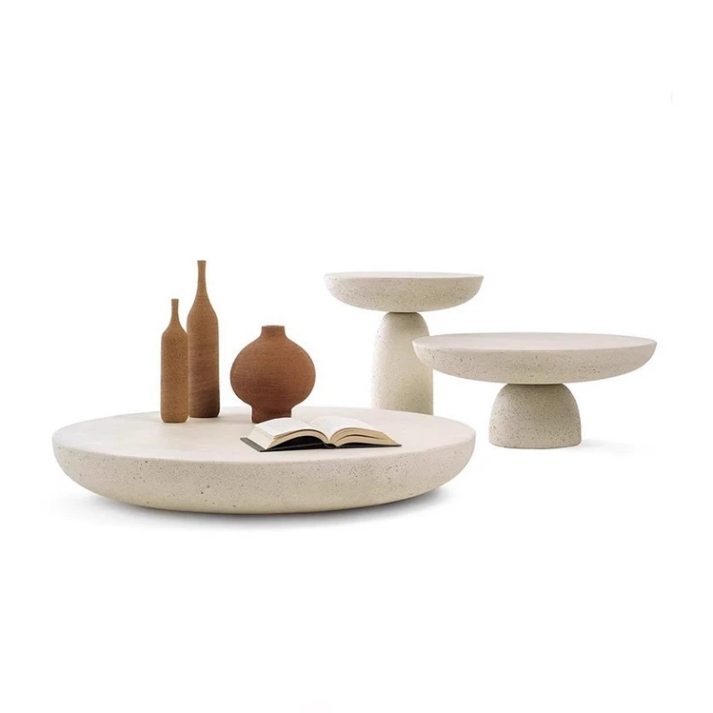 

Wabi Sabi wind cement coffee table small apartment Internet celebrity ins cream travertine round designer