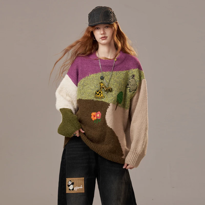 ELFSACK 2025 Winter New Arrivals Casual Color Block Giraffe Embroidery Loose Fit Sweater For Woman