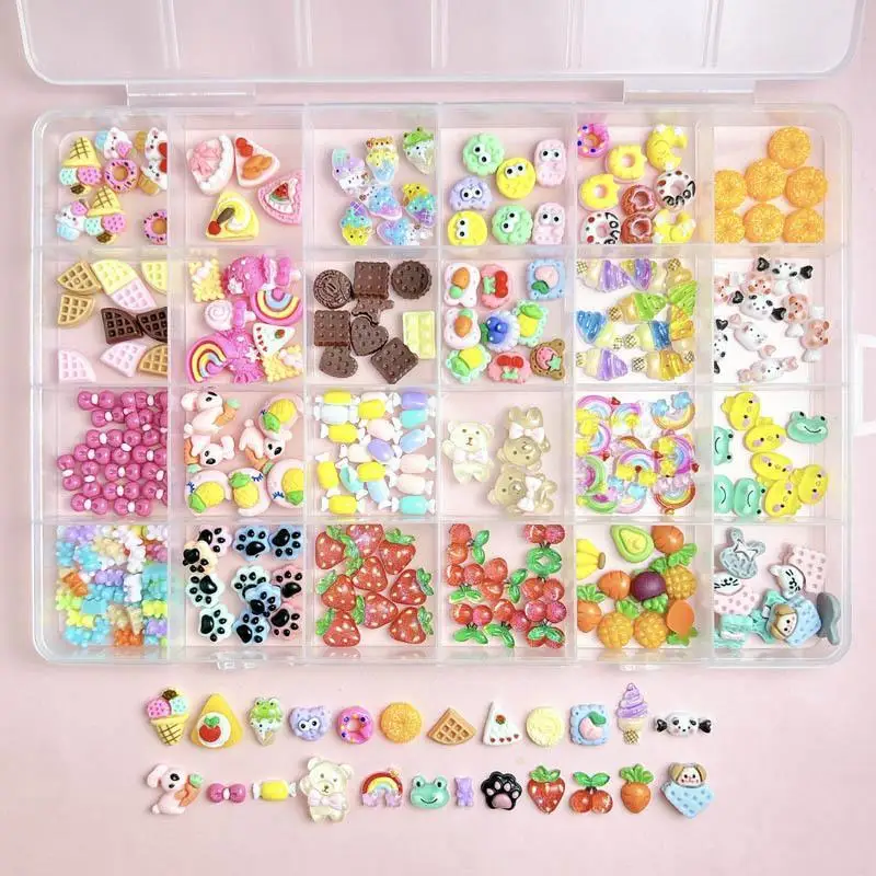 1Box Creative Big Eyes Waffle Cherry Resin Nail Charms Cartoon Cute Bear Ice Cream Cat Claw Mixed Nail Art Decorations DIY Nails