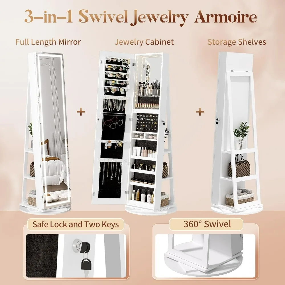 Mirror Jewelry Cabinet Standing, 360° Swivel Lockable Jewelry Armoire with Full Length Mirror and Adjustable LED Lights, Jewelry