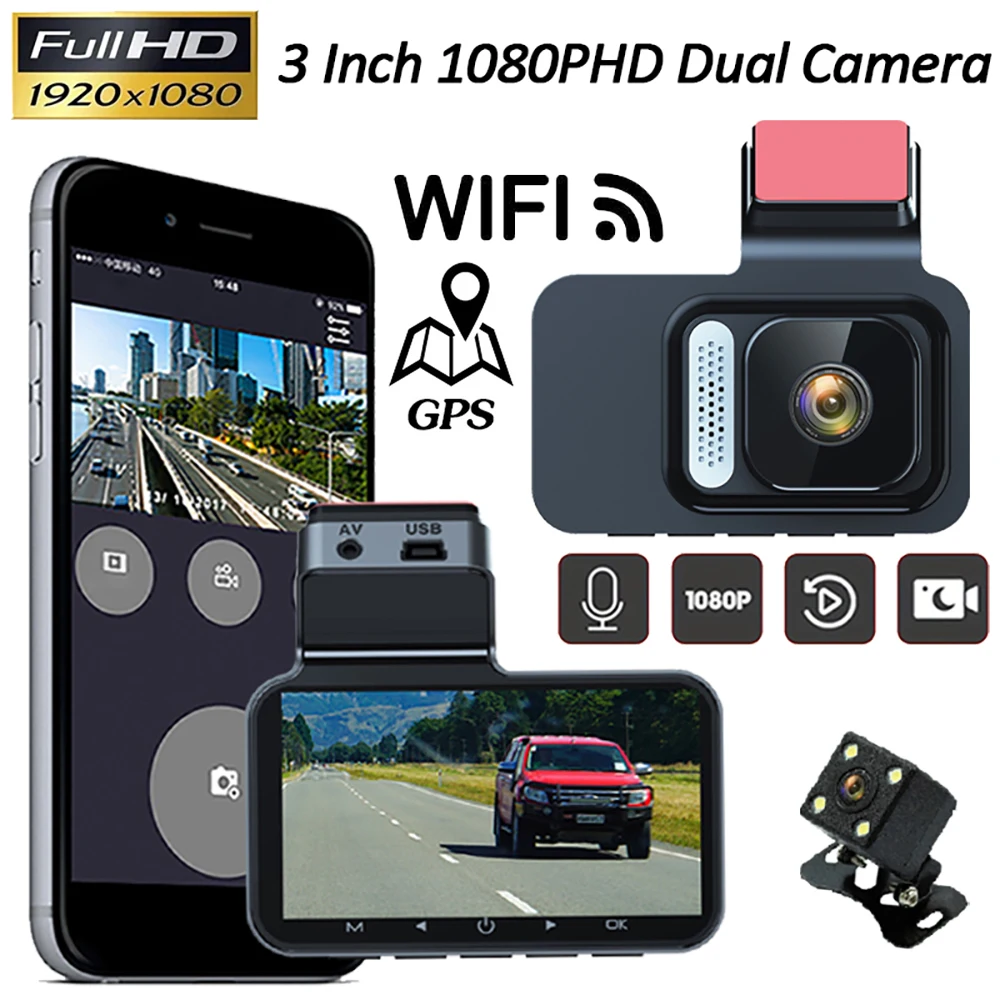 Car DVR WiFi GPS 1080P FHD Car Video Recorder Dash Cam Registrator Auto Dashcam Vehicle Black Box Rear View Reverse Car Camera