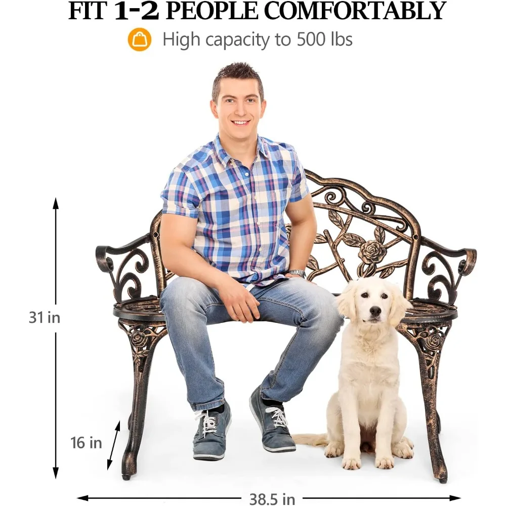 مقعد وردي معدني خارجي من Patio Park Garden، كرسي بلمسة نهائية عتيقة بإطار من الألومنيوم المصبوب من الحديد الزهر،