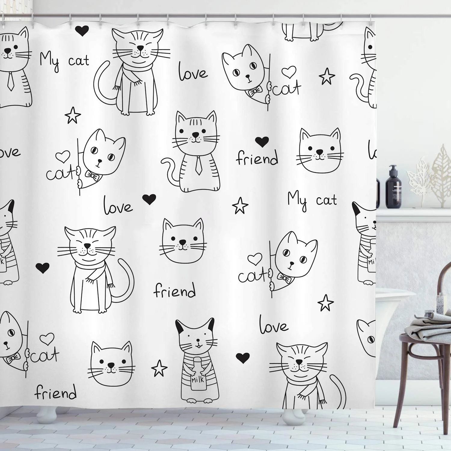 Black Line Katzen-Duschvorhänge, waschbarer Stoff, Polyester, für Badewanne, Kunst, Badezimmer, Dekor, Trennwand mit Haken, zum Aufhängen, wasserdicht – Detail 7