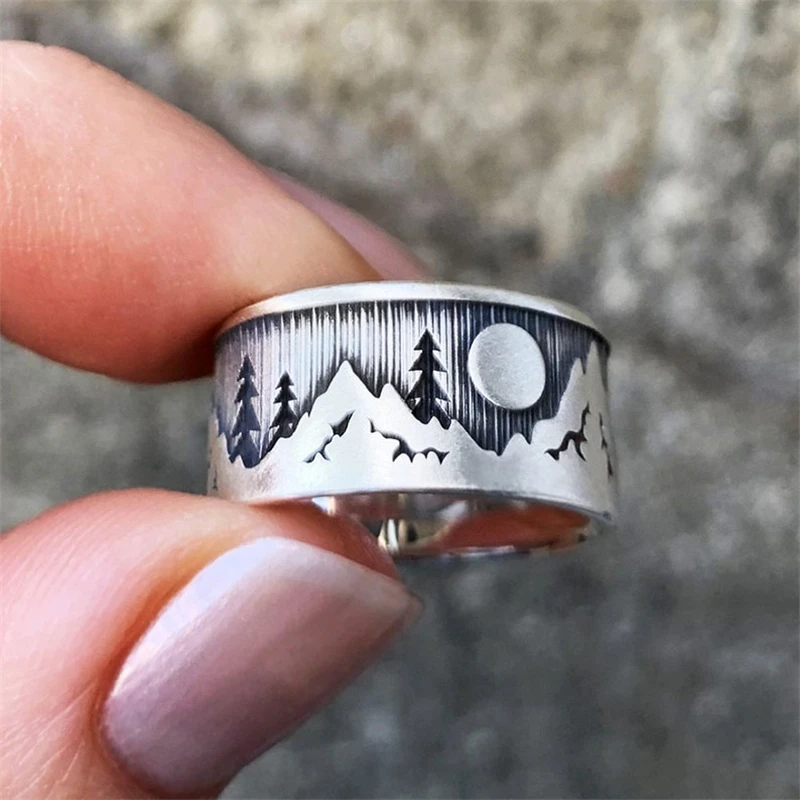 Vintage Style Mountains Moons Forests Pattern Ring Design Sense Personality Men's Metal Rings Party Gift Jewelry Dropshipping