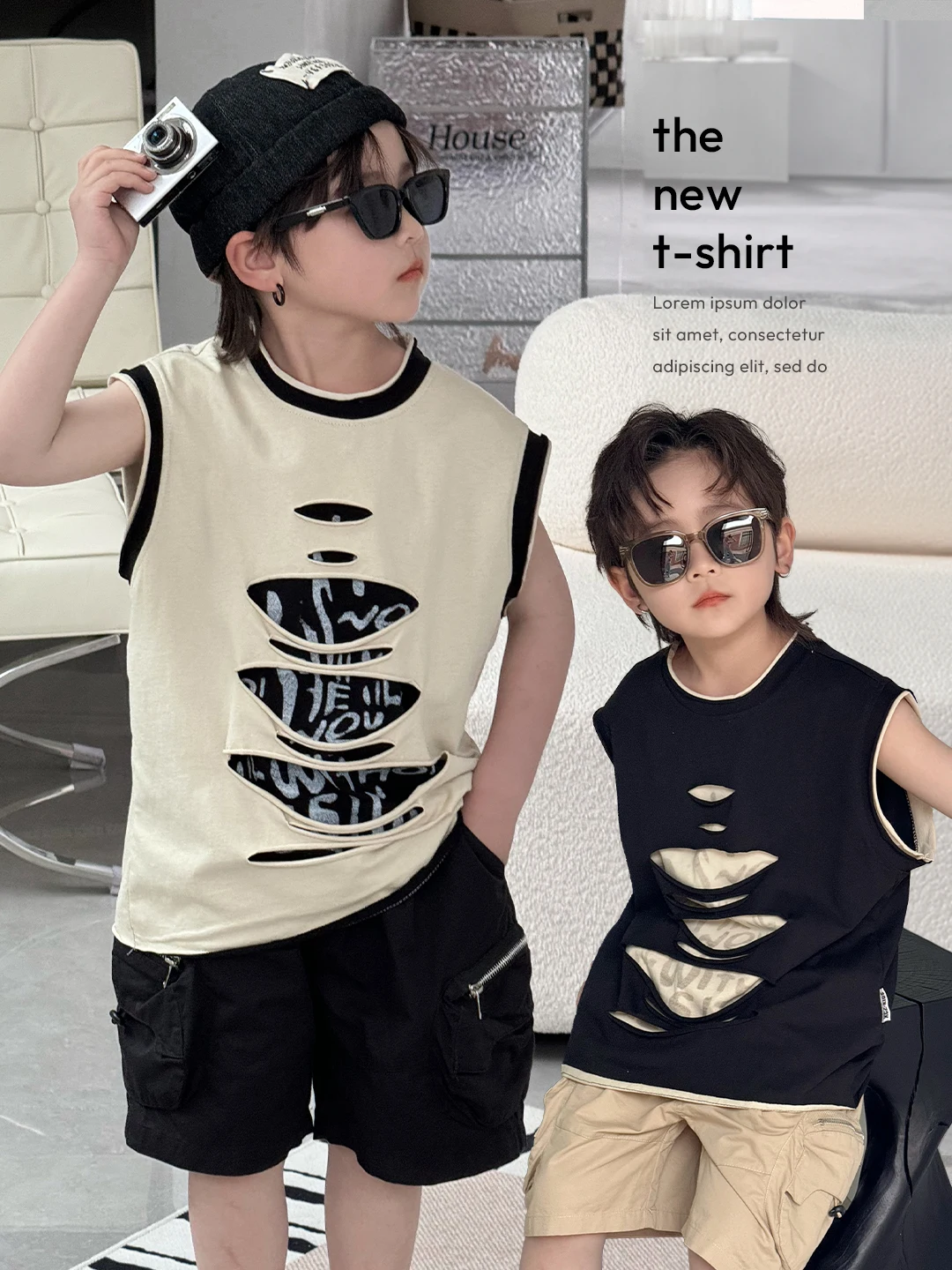 

BB Children's Clothing Boys' Vest Children's Design Blouse Ripped 2024 New Summer Boys' Sleeveless T-shirt Fashion