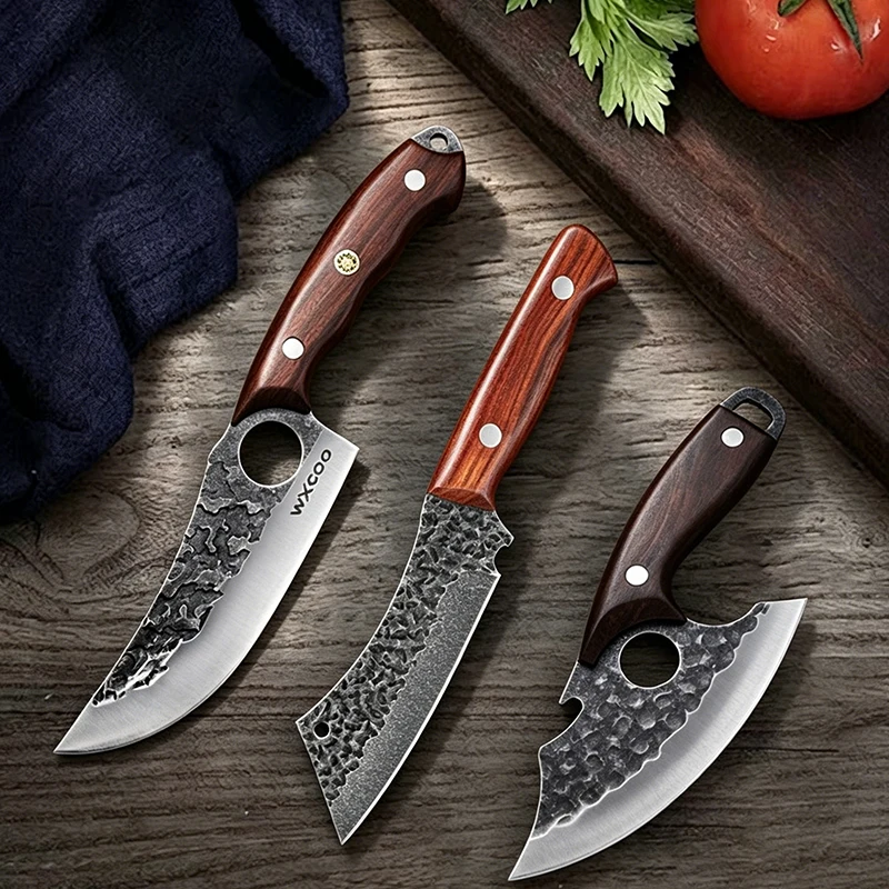 WXCOO Multifunctional Hand Forged Kitchen Knife Durable Blade for BBQ Meat Cutting Butcher Knife Wooden Handle