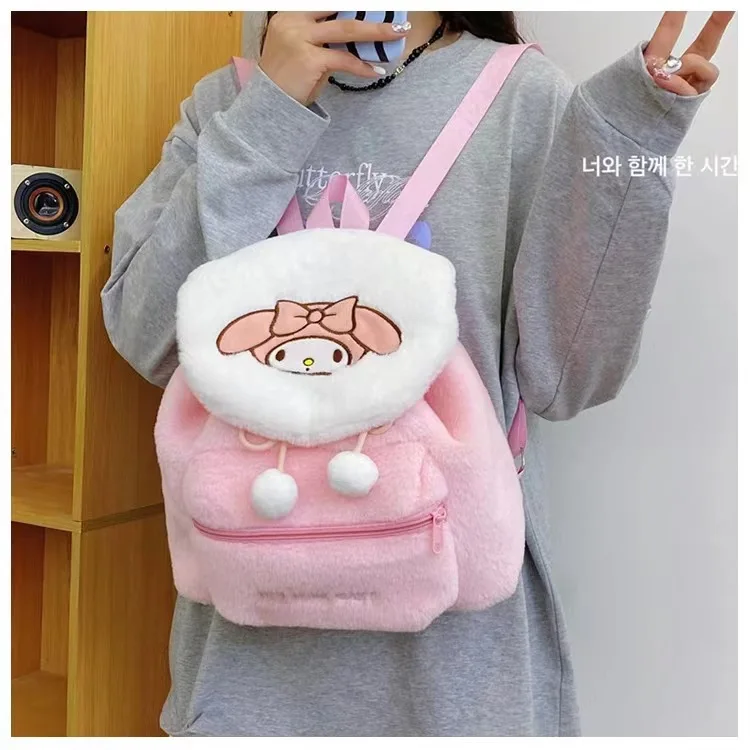 Sanrio Hellokitty Kuromi Mymelody Plush School Bag Kawaii Shoulder Bag Simple All-match Satchel Bag Fashion Women Backpack