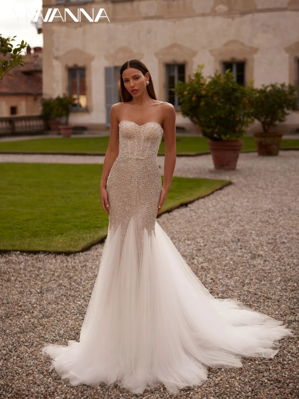 

Luxury Heavy Beaded Tulle Mermaid Long Wedding Dress Graceful Sweetheart Neck Bridal Gown Customized Charming Dresses For Bride