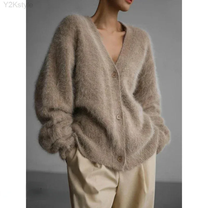 Women's Cardigans Korean Fashion V-neck Sweater Coat Long Sleeve Oversized Sweater Female Buttons Solid Knitted Jacket Women