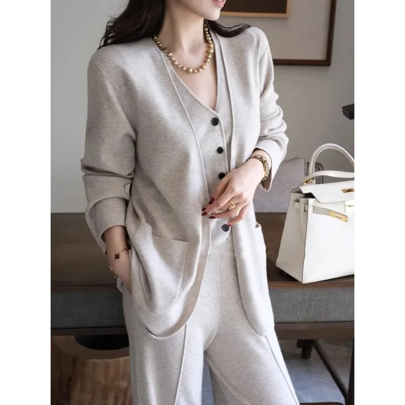 

Women's Conjunto Office Baggy Fashion Elegant V-Neck Casual 3 Piece Knitted Sets Loose Streetwear Wide Leg New Pants Outfit
