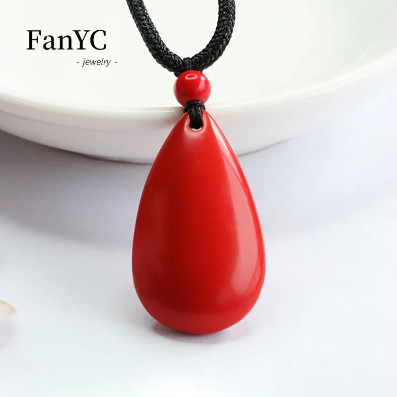 قلادة قطرات الحب الطبيعية من سينابار للرجال والنساء ، قلادة مشبك السلام الثعلب المنحوت بشكل جميل ، سحر الحظ الموضة ، هدية العيد