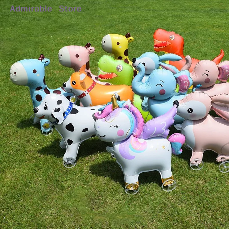 w4D Cartoon Foil Balloons Elephant Stand Walking Balloon With Wheel For Kids Birthday Party Decoration Baby Shower