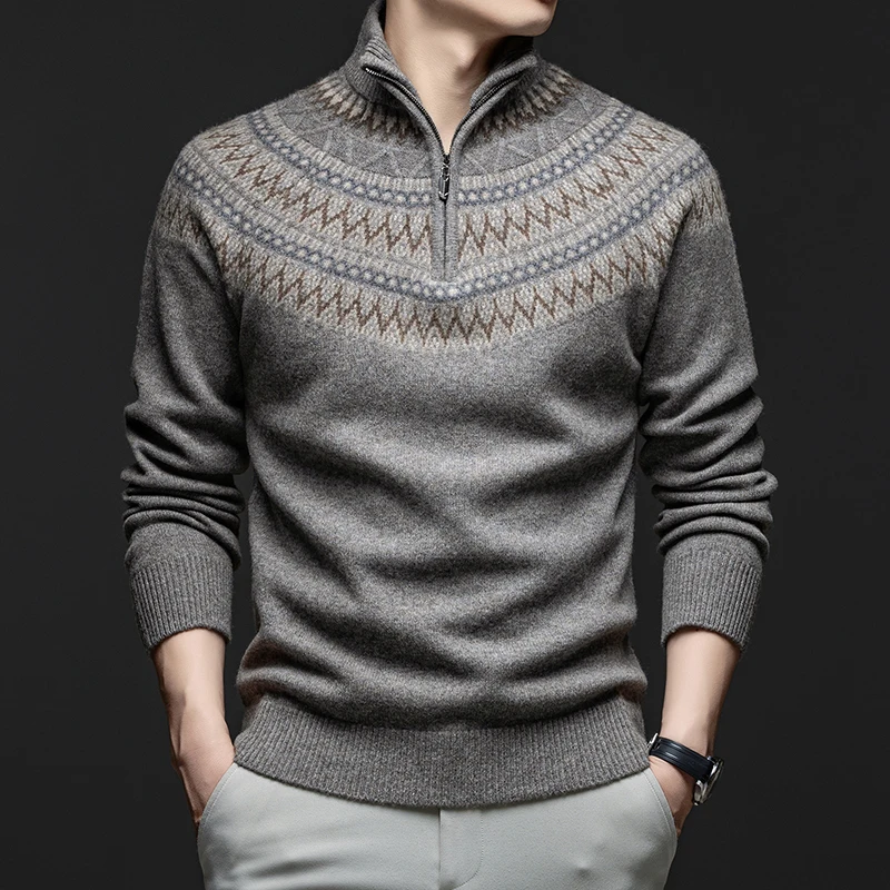 100% de lana de Cachemira con patrones Retro para hombre, jersey de lana de oveja a rayas a la moda, suéter de manga larga con cremallera, Jersey, Tops cálidos